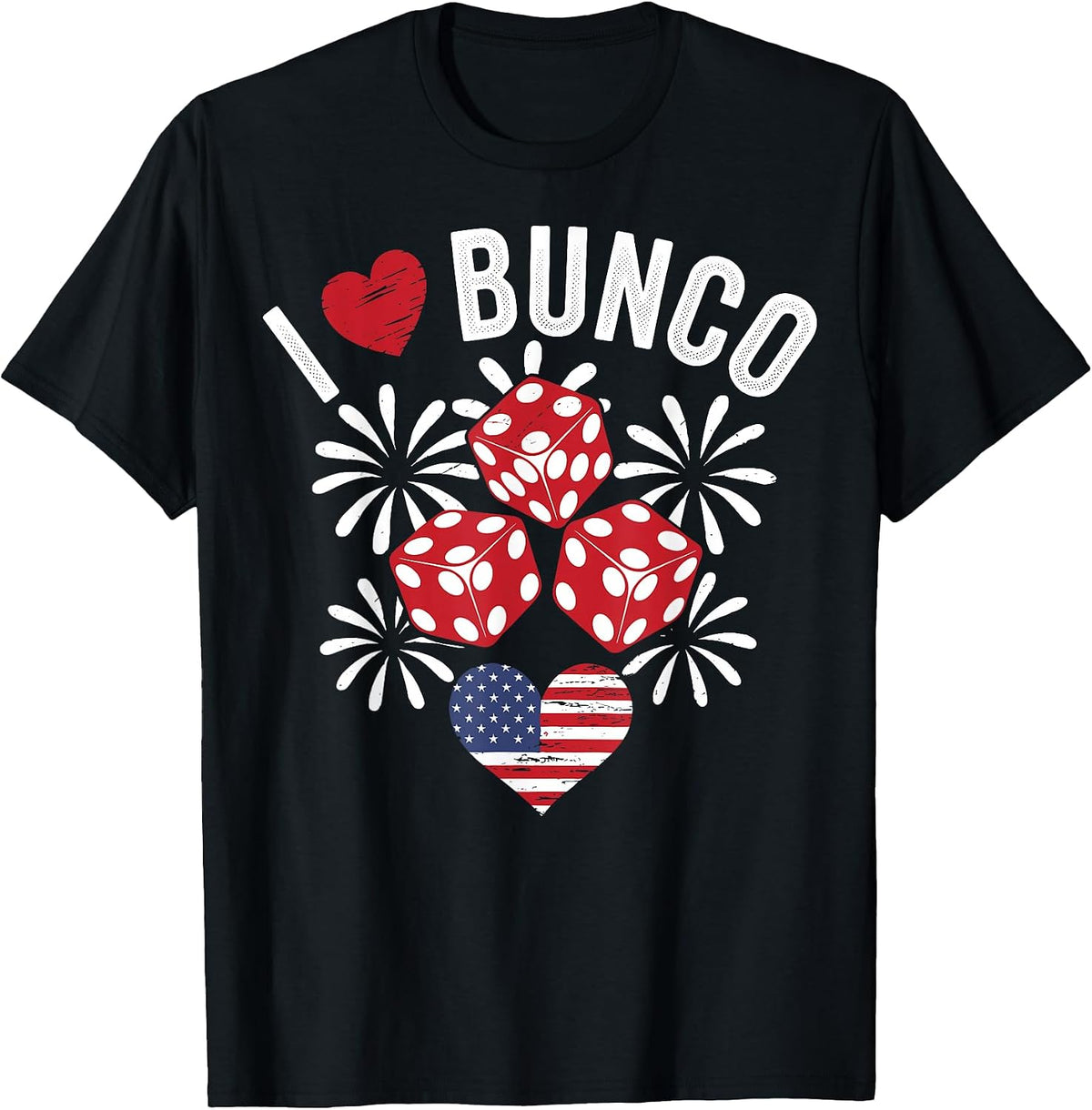 I Love Bunco USA Patriotic Dice Game Fireworks 4th of July T-Shirt, Men, Black, Small - As Pictured
