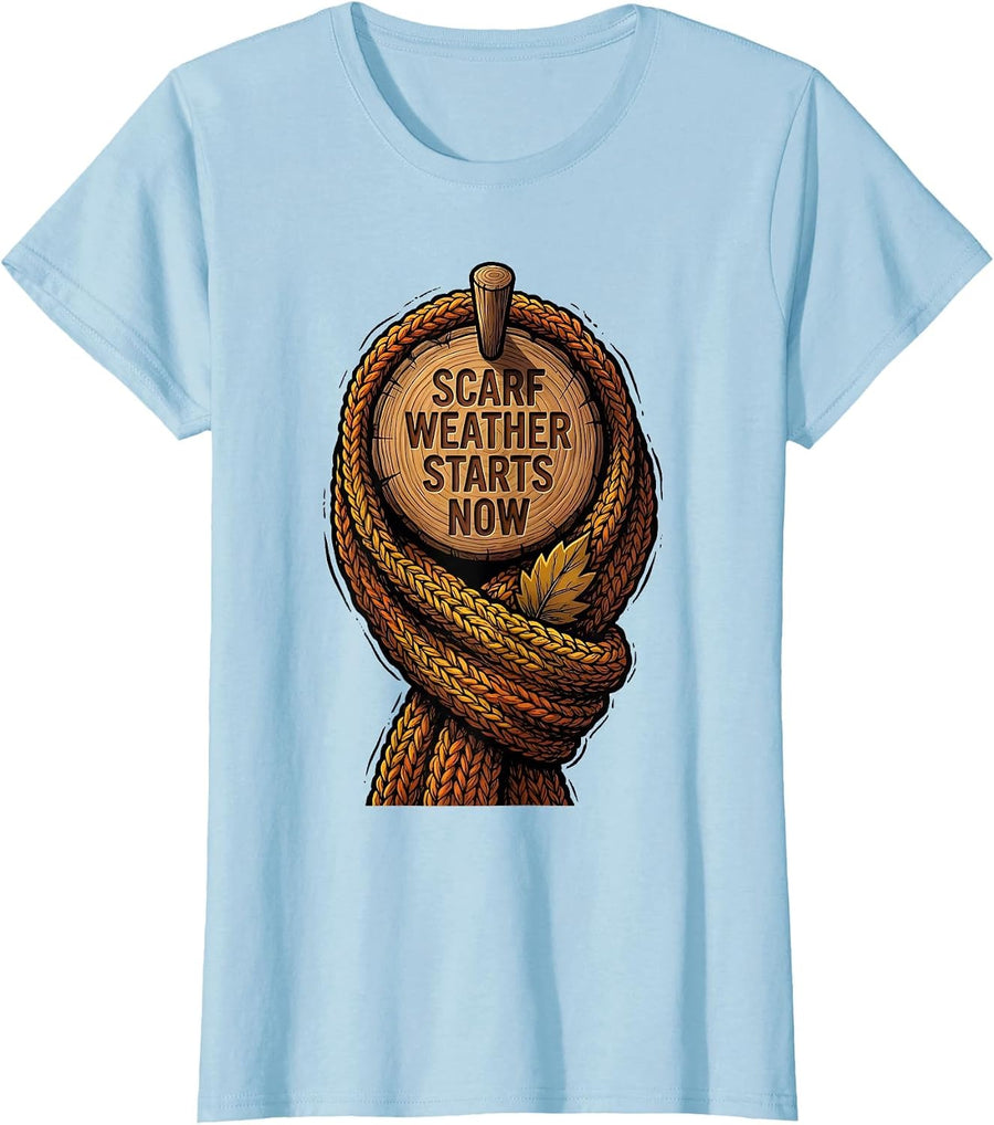 Women's Scarf Weather Starts Now Cozy Autumn Season Knitted Scarf T-Shirt - Baby Blue