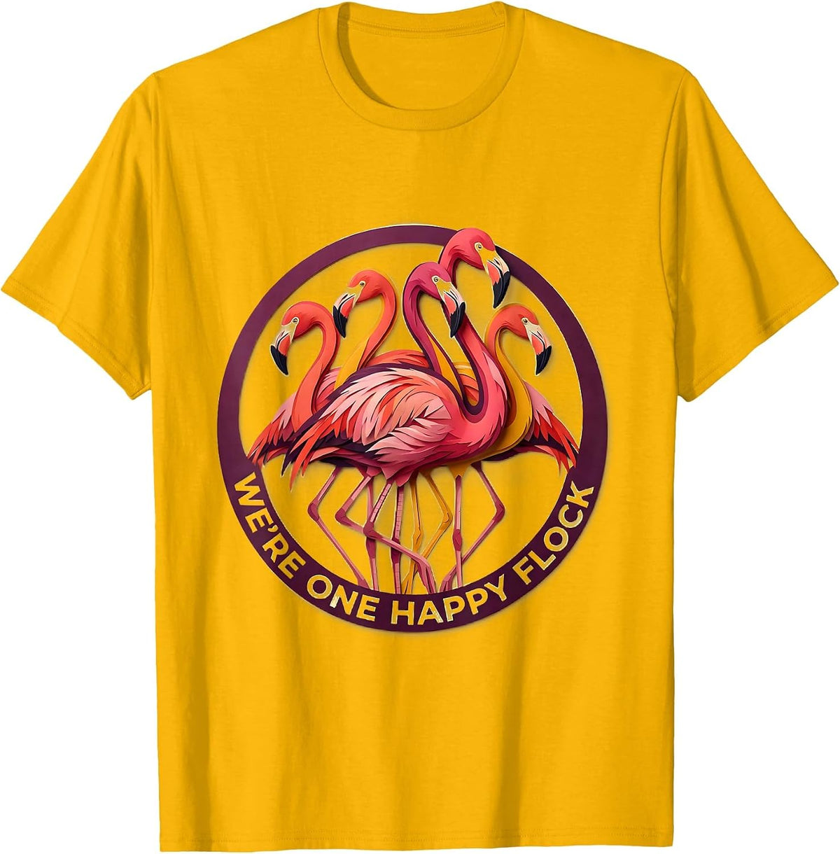 Men's We're One Happy Flock Paper Cutout Flamingo Novelty Bird T-Shirt - Golden Yellow