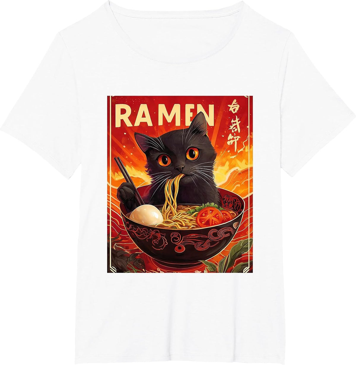 Cat eats Ramen Japan Japanese Anime Kawaii Funny Graphic T-Shirt - White