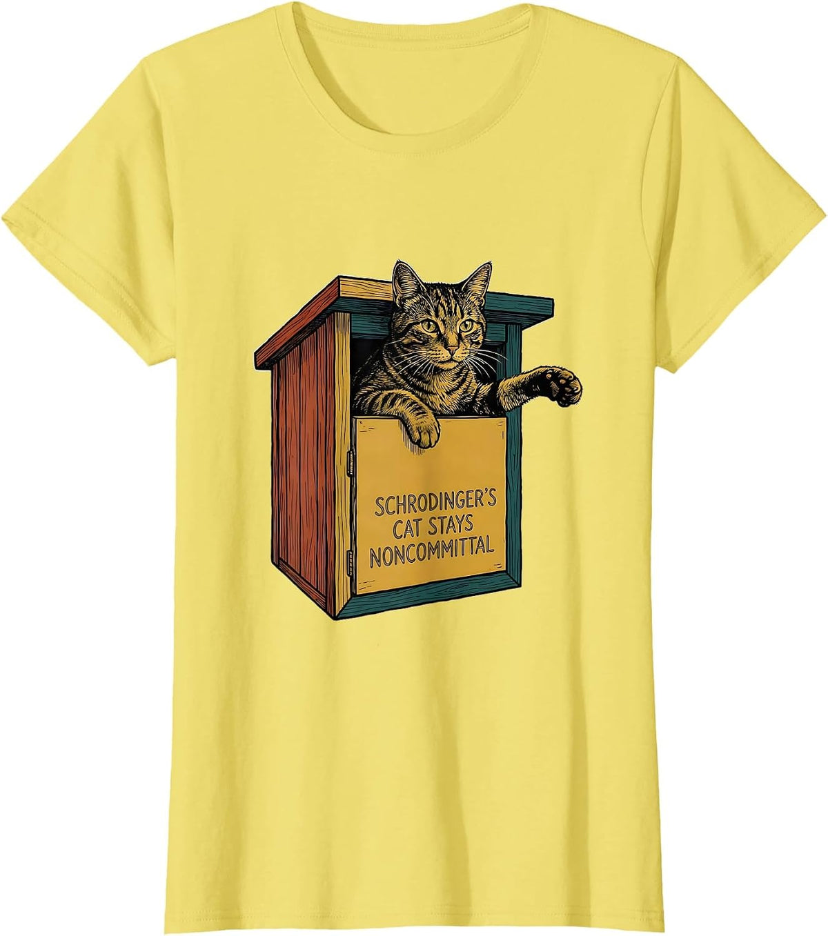 Schrodinger's Cat Stays Noncommittal Funny Quantum Physics T-Shirt - Lemon Yellow