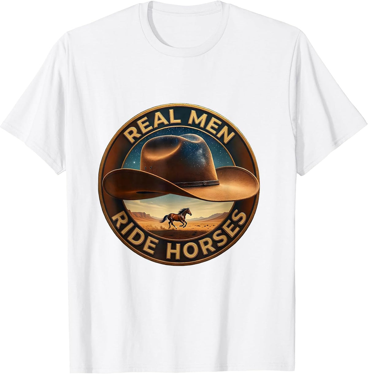 Men's Real Men Ride Horses Cowboy Graphic Design T-Shirt - White