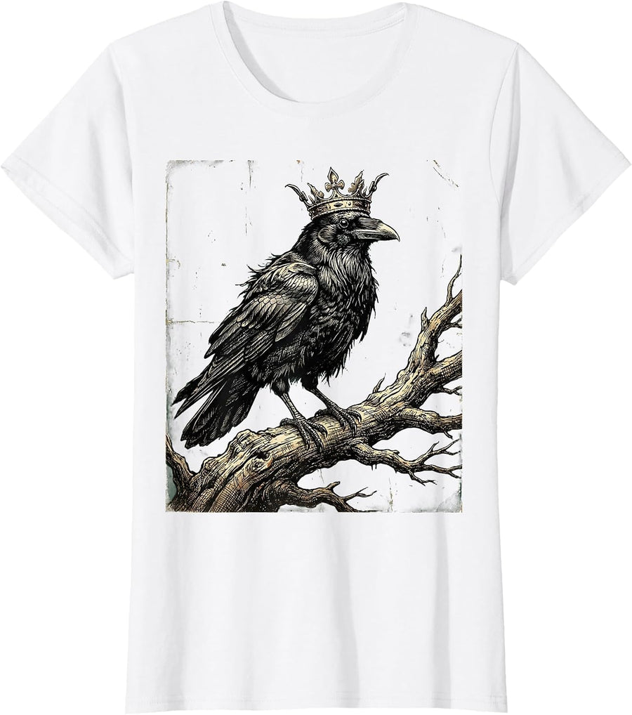 Women's Crow Wearing a Tiny Tattered Crown Illustration T-Shirt - White