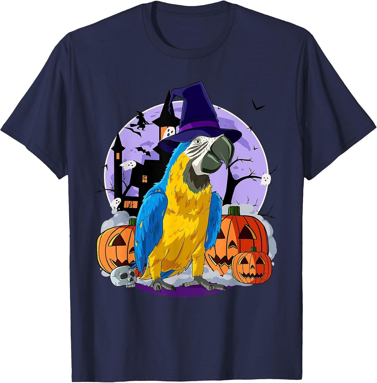 Cute Blue-and-Yellow Macaw Halloween Witch Pumpkin T-Shirt - Navy Blue