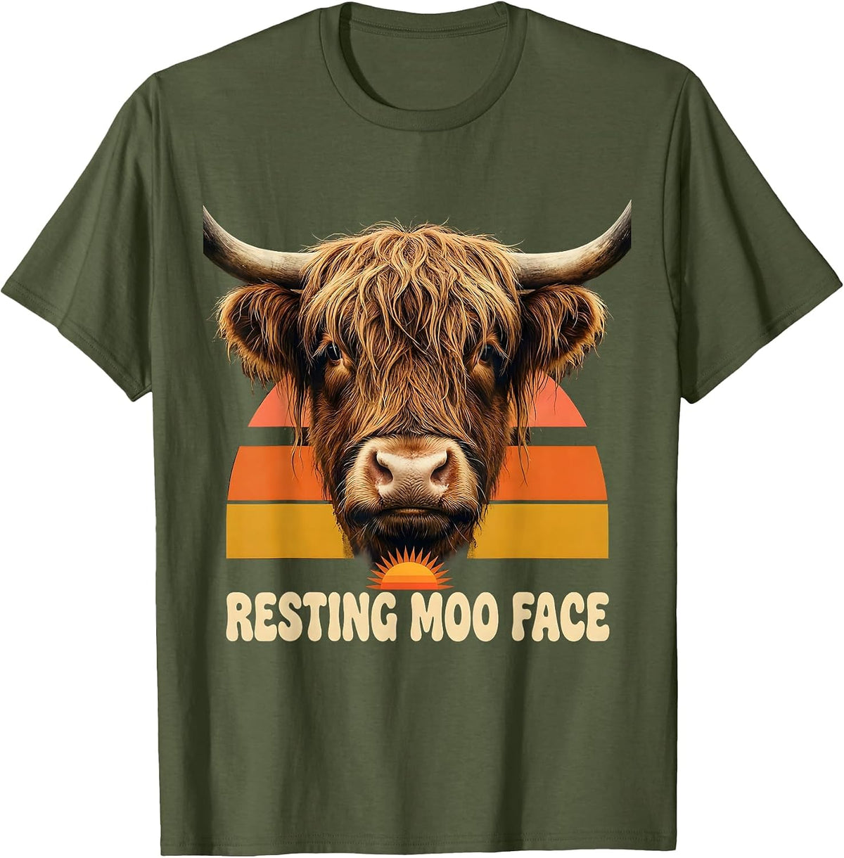 Men's Resting Moo Face Retro 70s Funny Highland Cow Farm Animal T-Shirt - Olive Green
