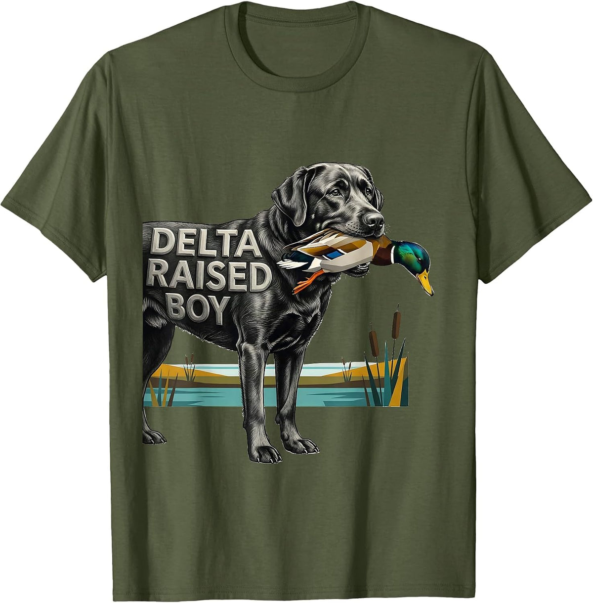 Men's Delta Raised Boy Midcentury Modern Labrador Duck Hunting T-Shirt - Olive Green