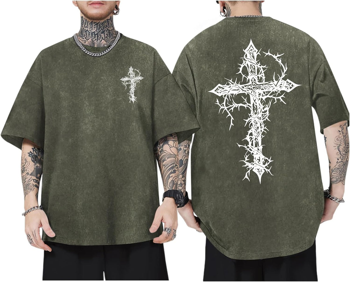 Men's Goth Shirt Oversized Acid Wash Grunge Shirts Gothic Cross Graphic Tees Vintage Streetwear Summer Tshirts - Army Green