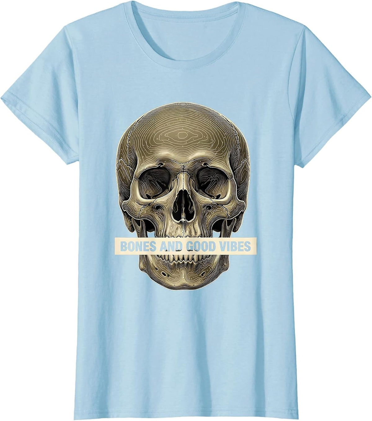 Women's Bones and Good Vibes Laid-Back Graphic Design T-Shirt - Baby Blue