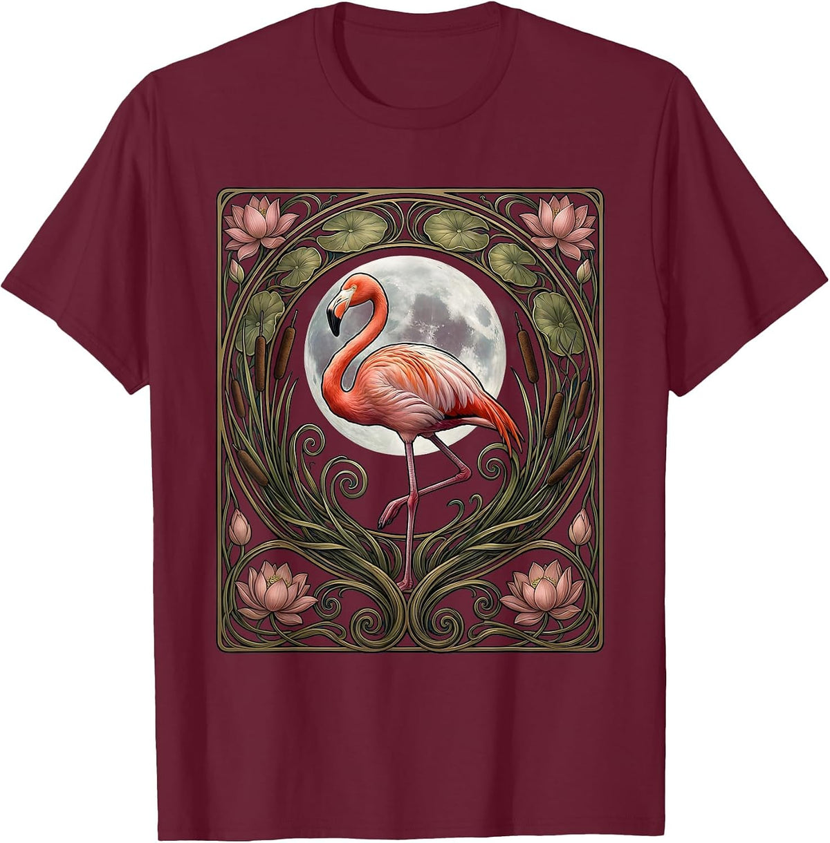 Flamingo Silhouette Full Moon Night Sky Design T-Shirt - Burgundy