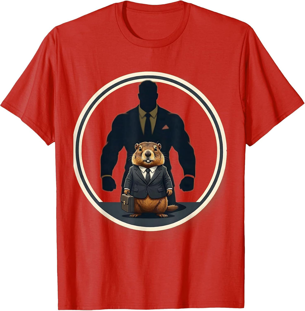 Men's Groundhog In Suit Briefcase Shadow Funny Graphic T-Shirt - Red