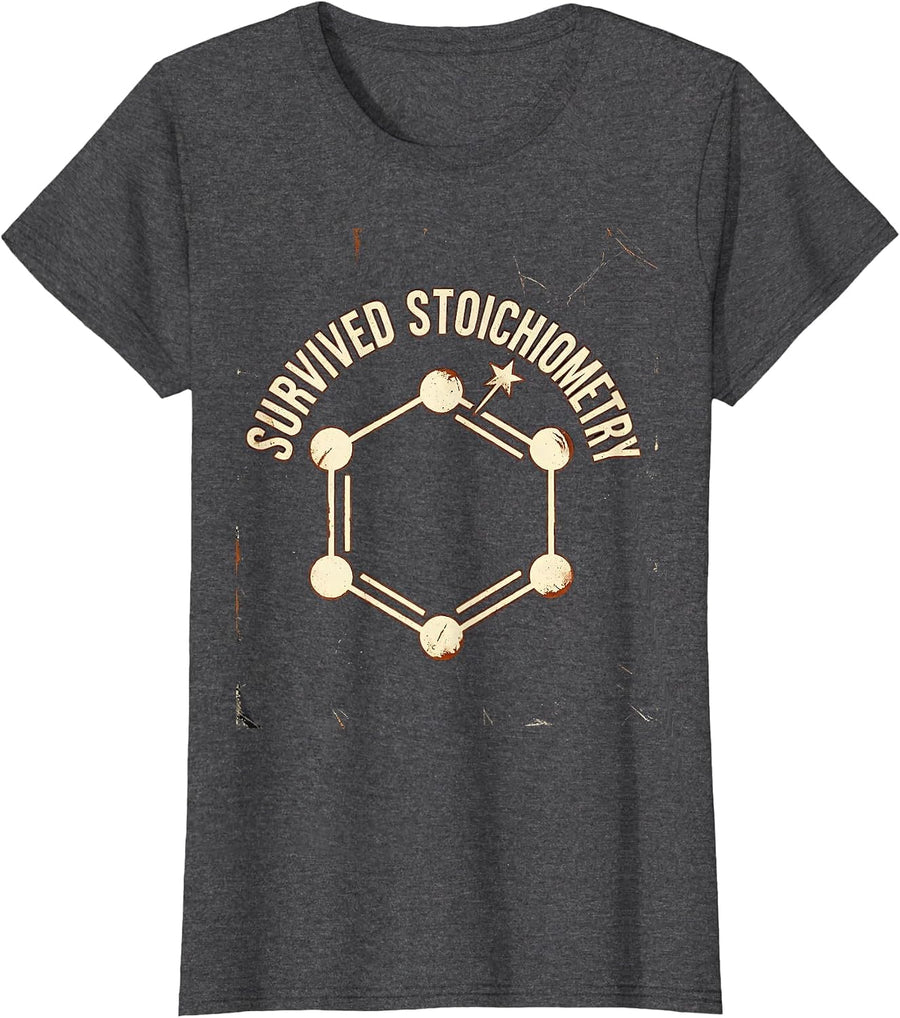 Survived Stoichiometry Distressed Science Humor Chemistry T-Shirt, Women, Dark Heather Grey, Medium - As Pictured