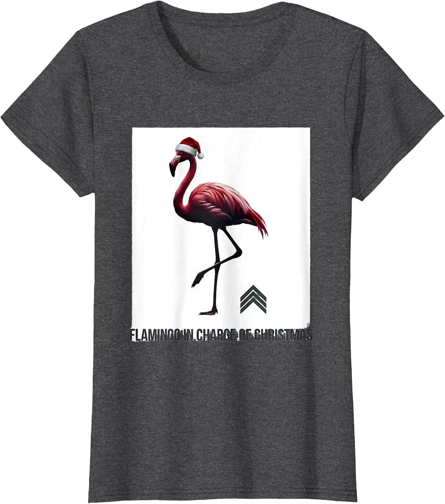Women's Flamingo in Charge of Christmas Funny Animal Lover Holiday T-Shirt - Dark Heather Grey