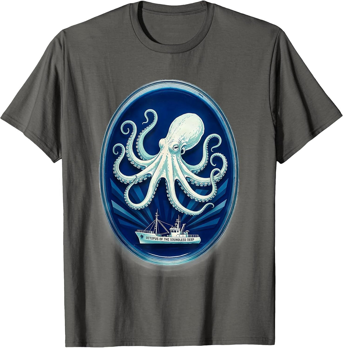 Men's Octopus of the Soundless Deep Cyanotype Ocean Animal Lover T-Shirt - Asphalt Grey