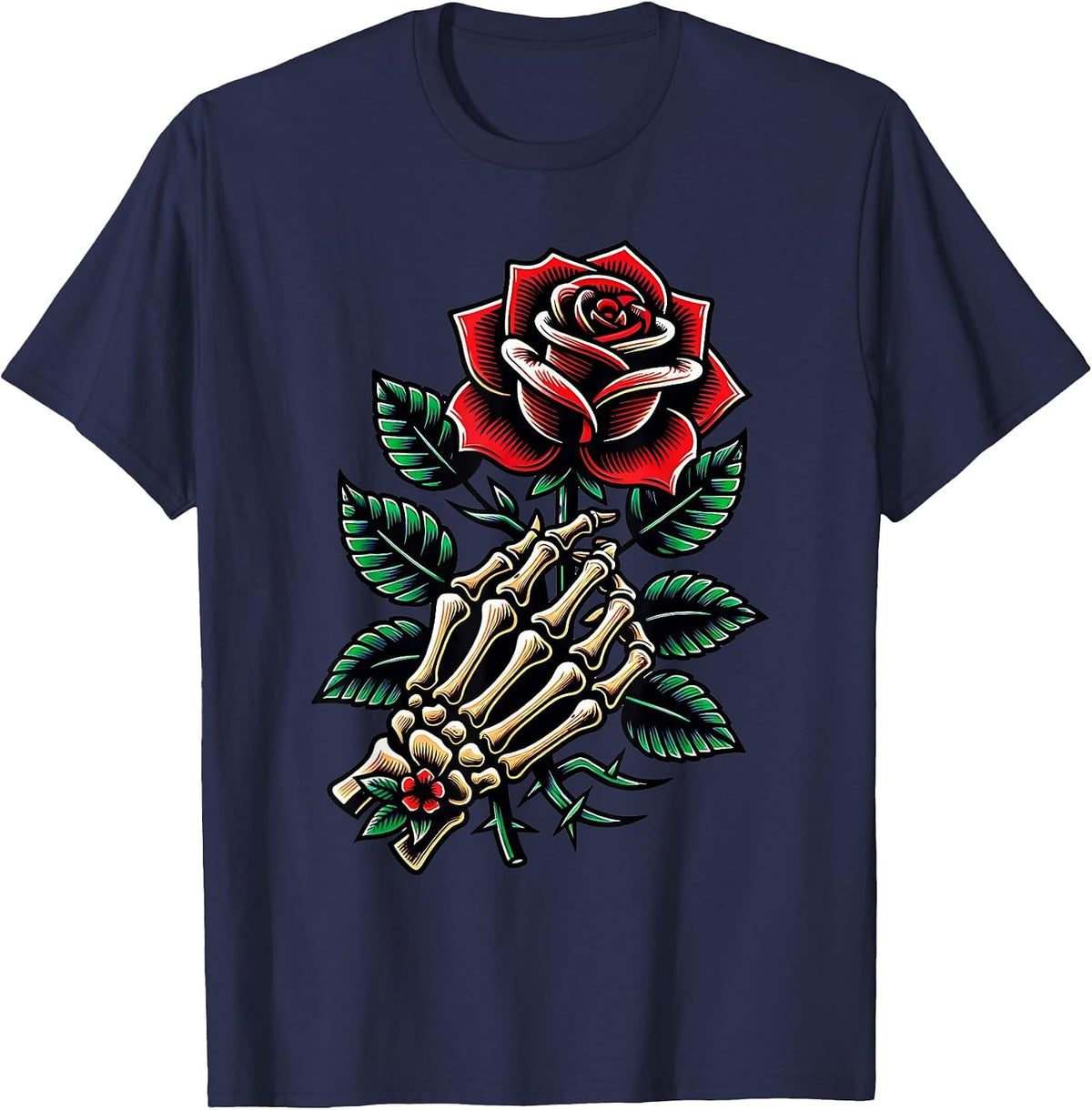 Skeleton Hand Rose Graphic T-Shirt - Navy Blue