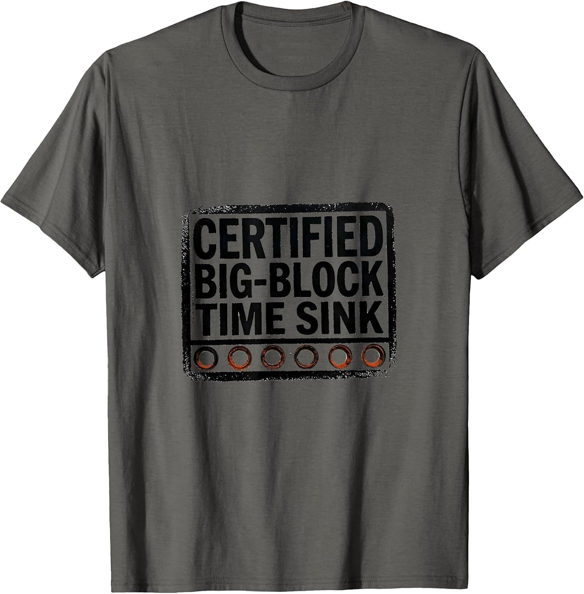 Certified Big-Block Time Sink Rubber Stamp Muscle Car T-Shirt - Asphalt Grey