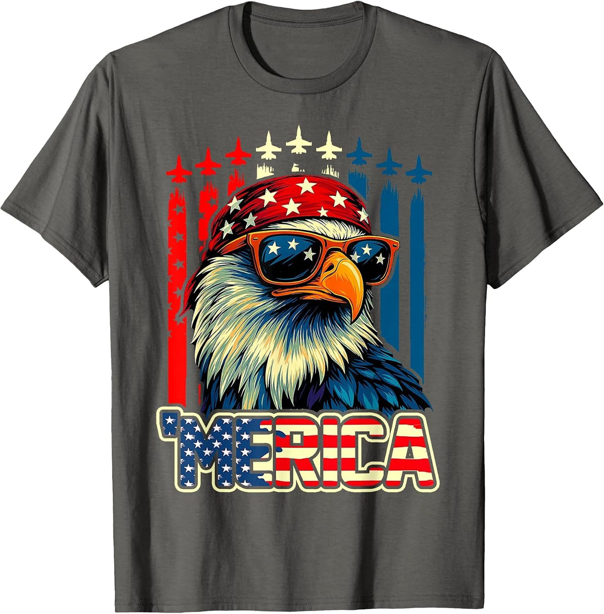 Merica Eagle American Flag Airplane 4th of July Patriotic T-Shirt - Asphalt Grey