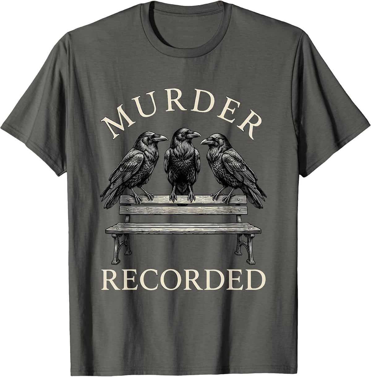 Men's Murder Recorded Dark Humor Crow Raven Bird Lover Gothic T-Shirt - Asphalt Grey