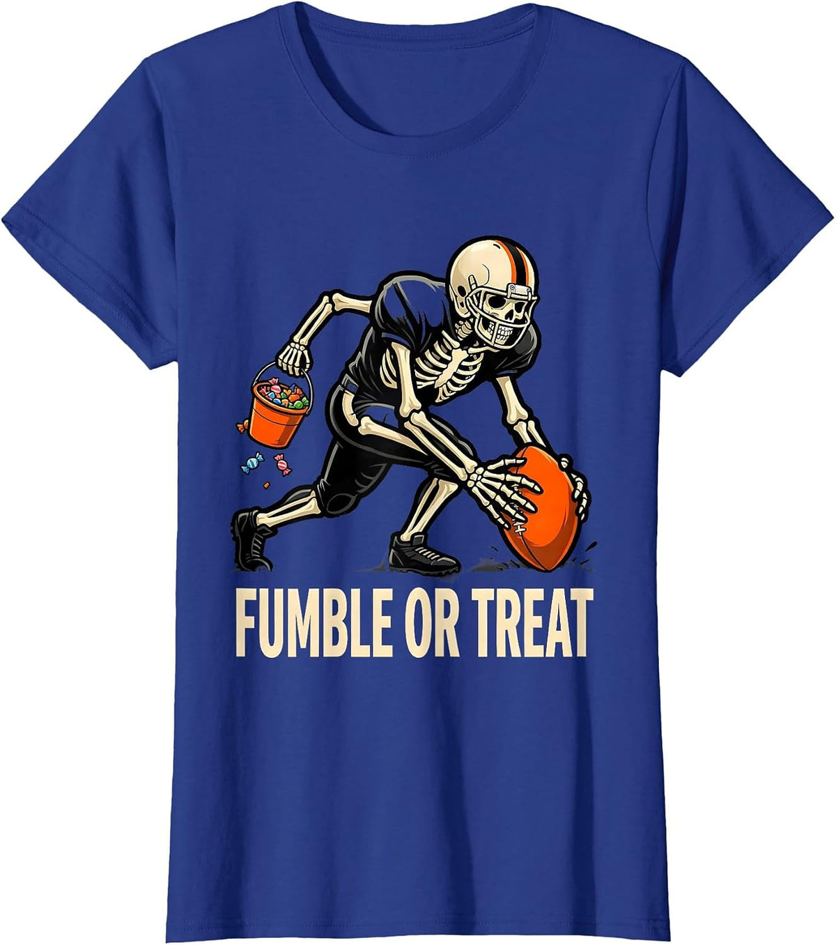 Women's Fumble Or Treat Cartoon Skeleton Football Halloween Costume T-Shirt - Royal Blue