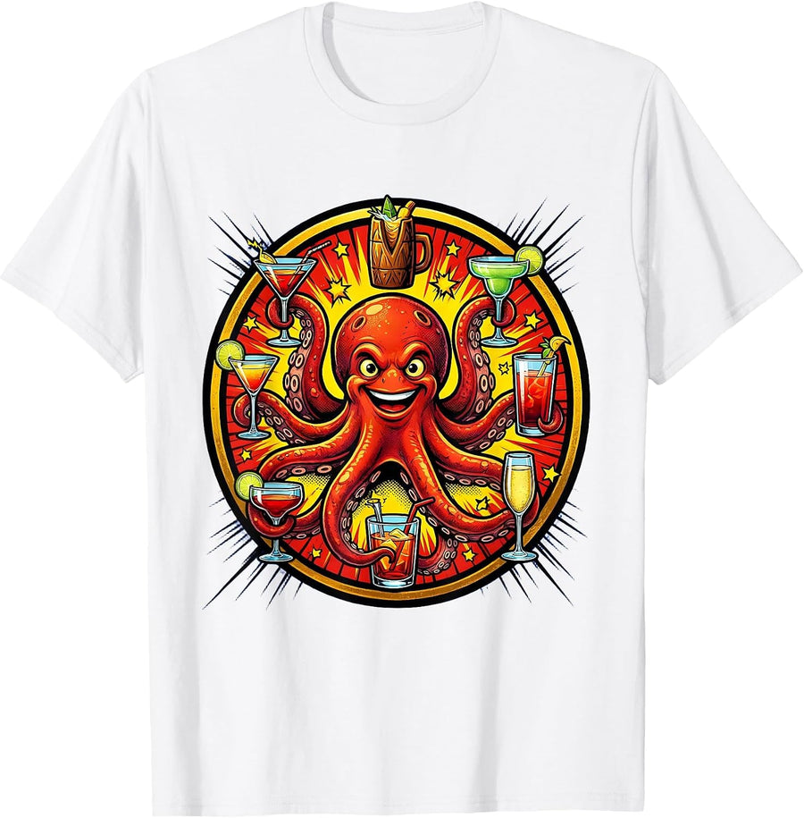 Men's Cocktail Octopus Funny Drinking Party Design T-Shirt - White