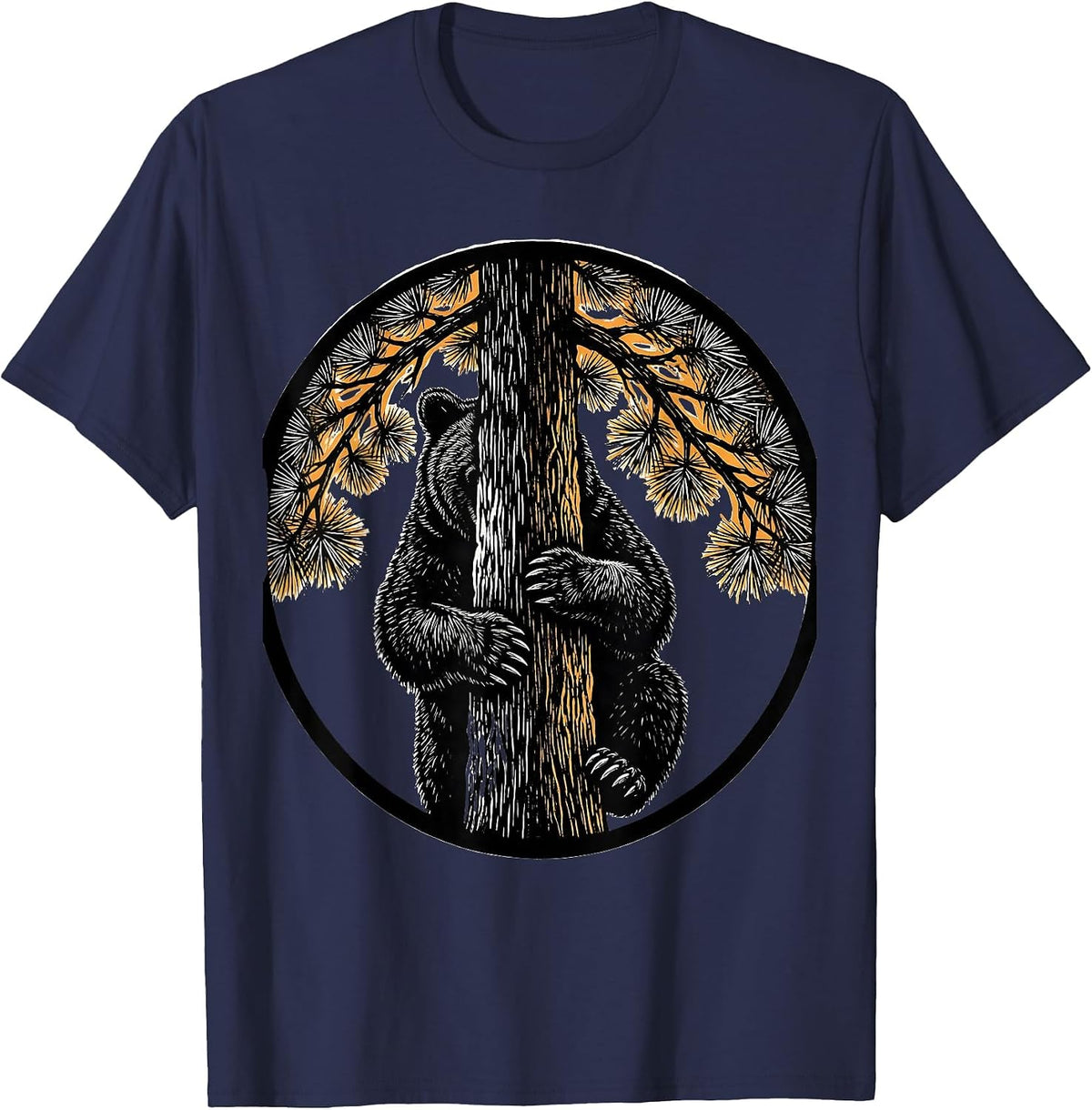 Bear Cub Climbing Pine Tree Nature Illustration T-Shirt - Navy Blue