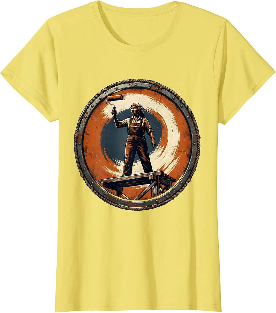Labor Day Painter on Scaffold Wall Illustration T-Shirt - Lemon Yellow