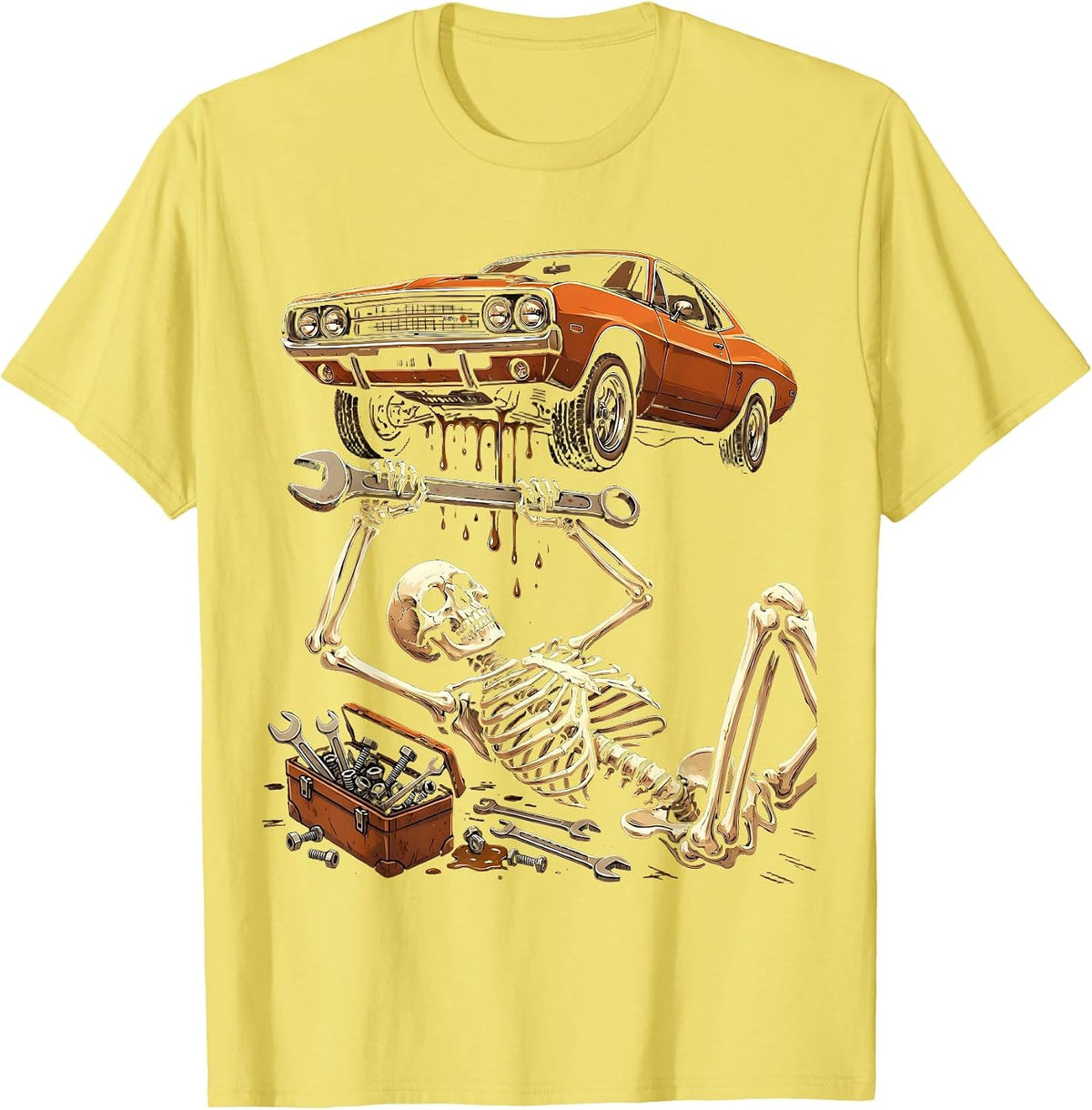 Men's Skeleton Mechanic Under Raised Car Graphic T-Shirt - Lemon Yellow