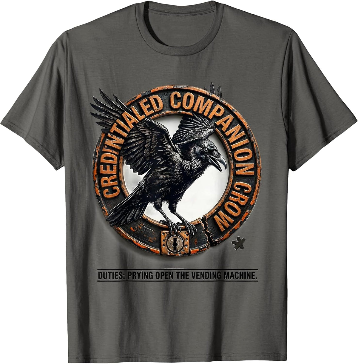 Men's Credentialed Companion Crow Duties Pun Bird Lover Humor T-Shirt - Asphalt Grey