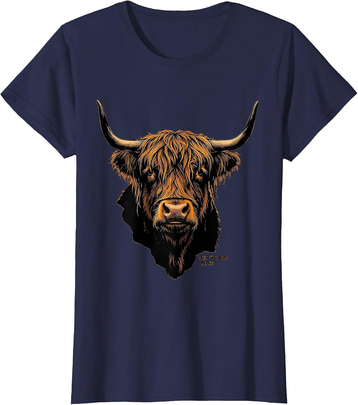 Women's Herd You Were Nearby Whimsical Highland Cow Character Humor T-Shirt - Navy Blue