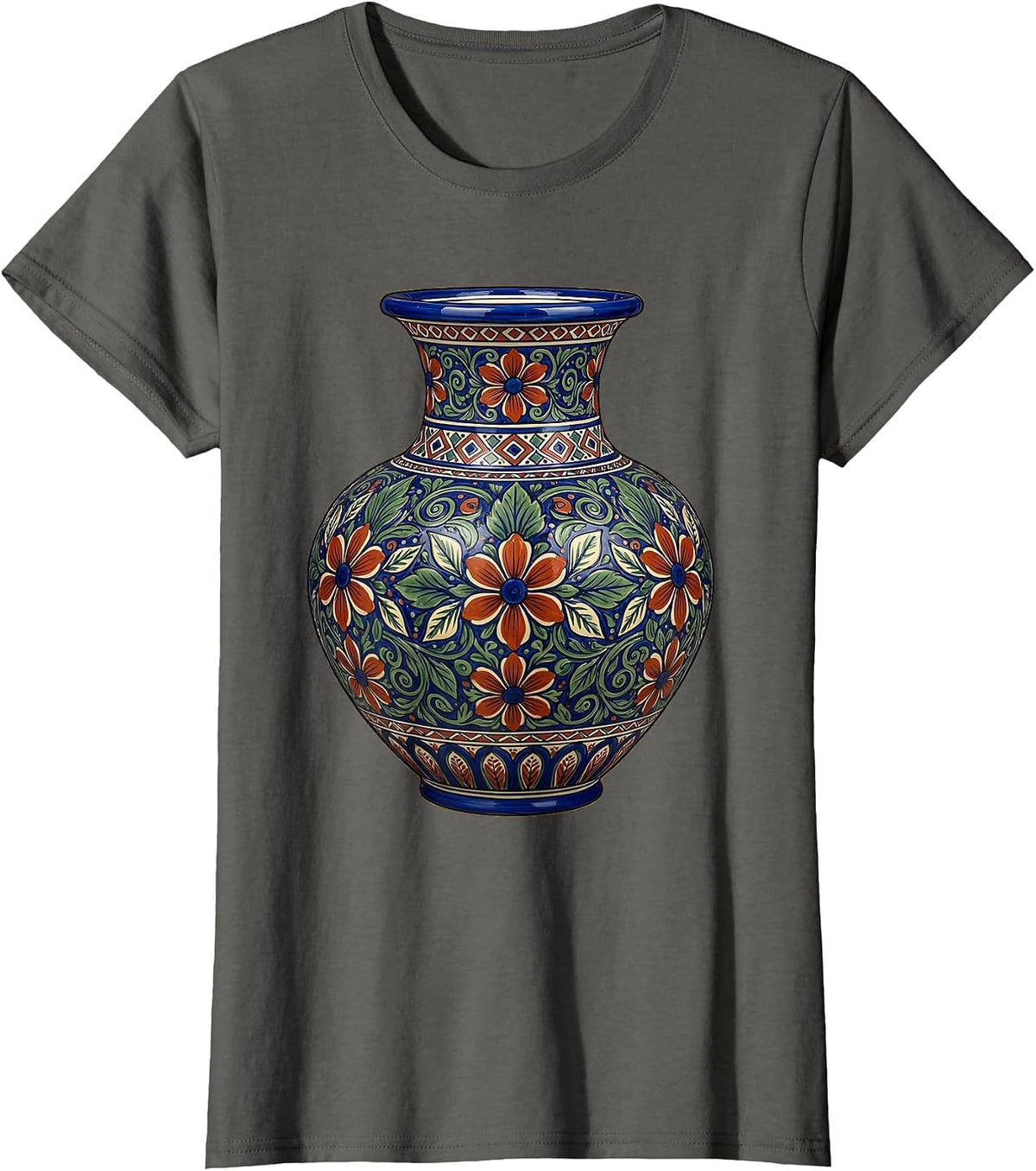 Women's Mexican Talavera Pottery Vase Floral Illustration T-Shirt - Asphalt Grey