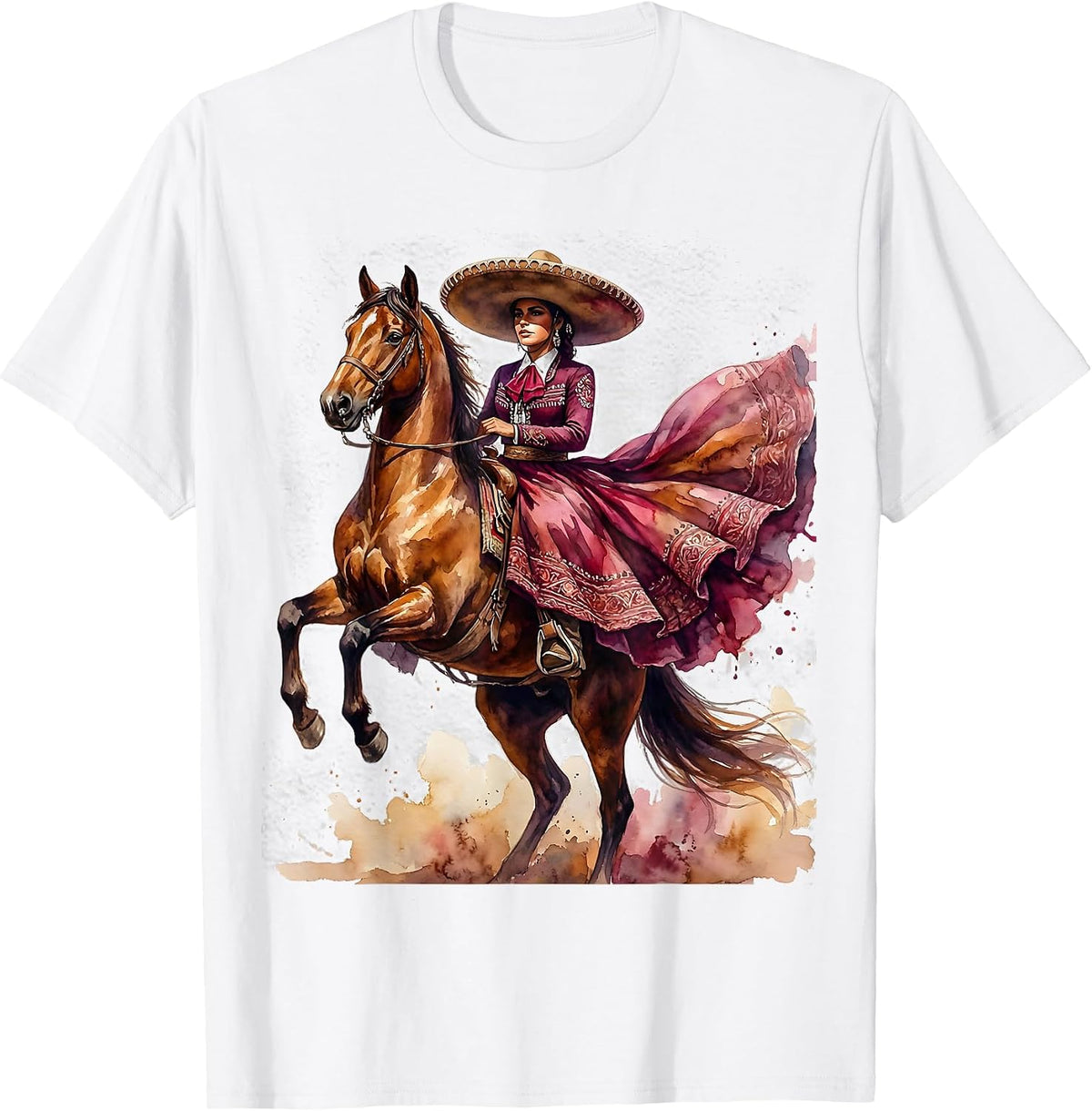 Charra on Horseback Mexican Equestrian Art T-Shirt - White
