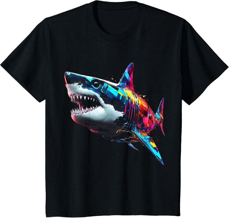 Shark Polygon Colorful Animal Art Abstract Graphic Shark T-Shirt - Black