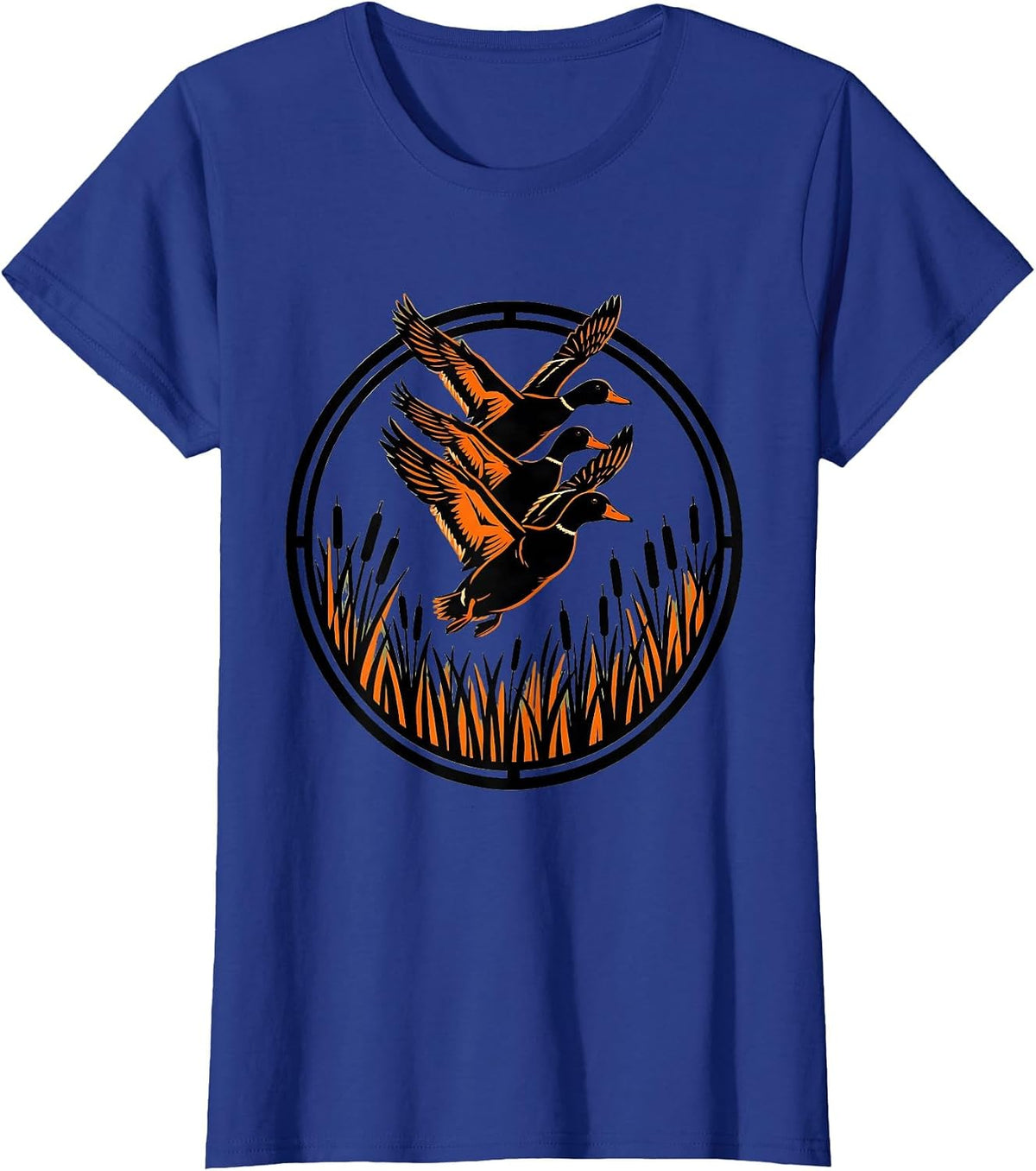 Women's Duck Camo Flock Over Misty Wetlands Illustration T-Shirt - Royal Blue