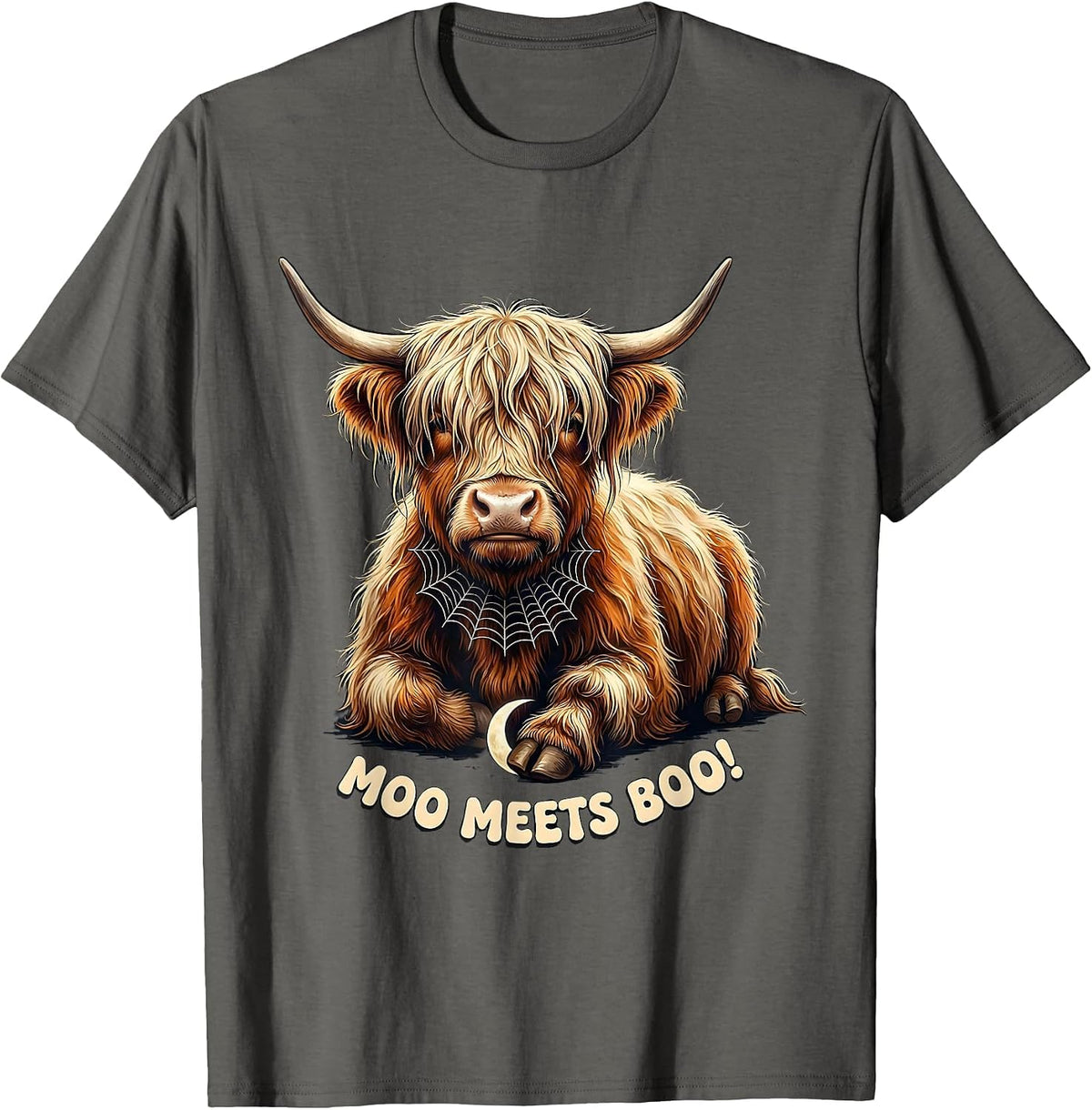 Men's Moo Meets Boo! Funny Highland Cow Fall Halloween Seasonal T-Shirt - Asphalt Grey