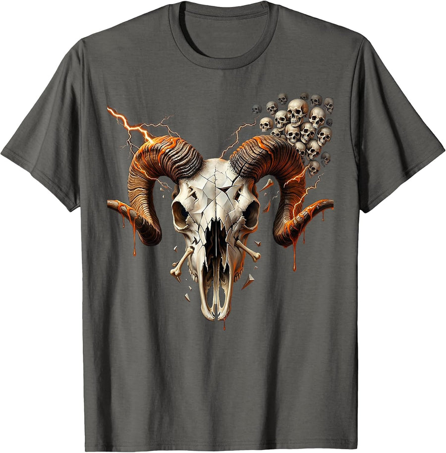 Ram Skull Lightning Bolt Horns Heavy Metal Graphic T-Shirt - Asphalt Grey
