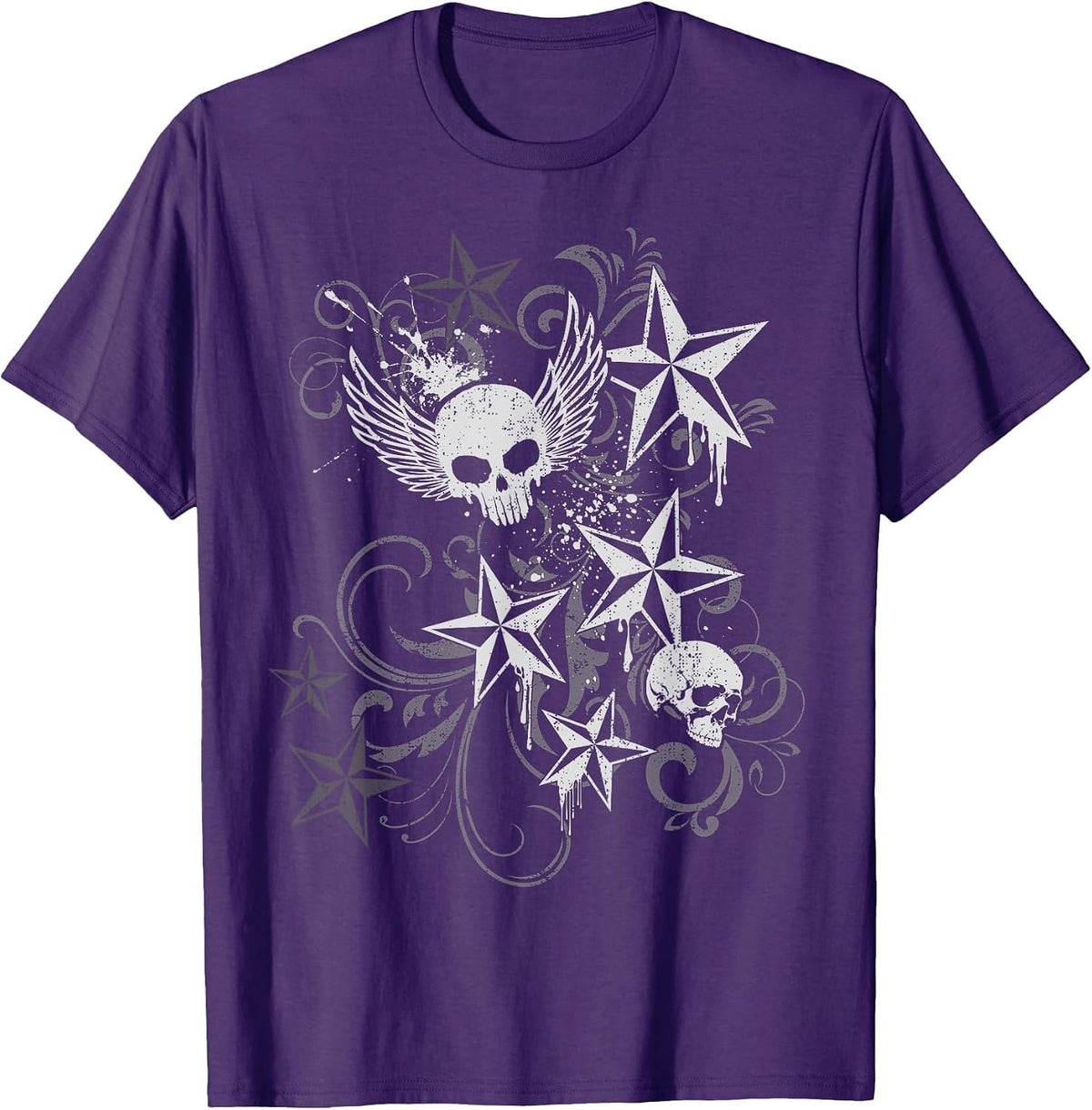 Y2k Grunge Skull Wings 2000s 90s Emo Harajuku Goth T-Shirt - Purple