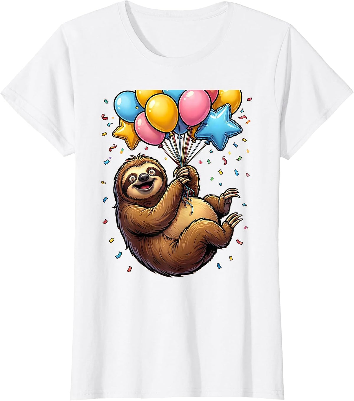 Women's Sloth Birthday Balloon Ride Graphic Design T-Shirt - White