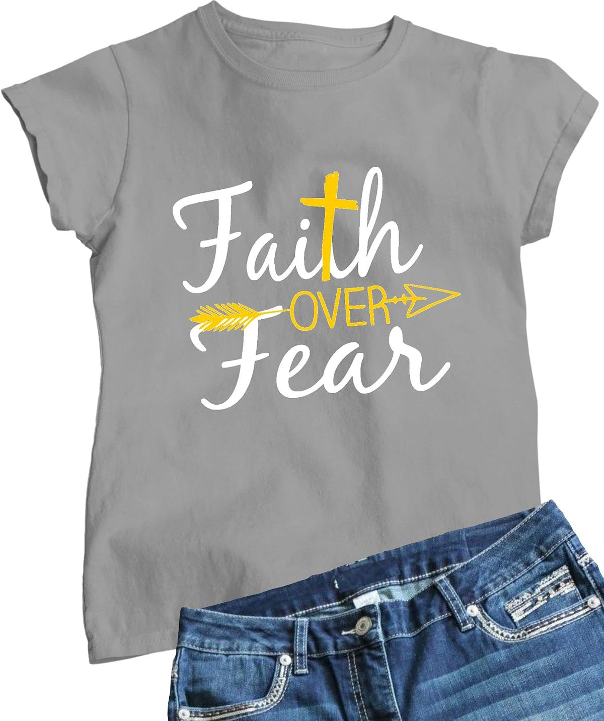 Go All Out Womens Faith Over Fear Cross & Arrow Christian Jesus T-Shirt - Athletic Heather