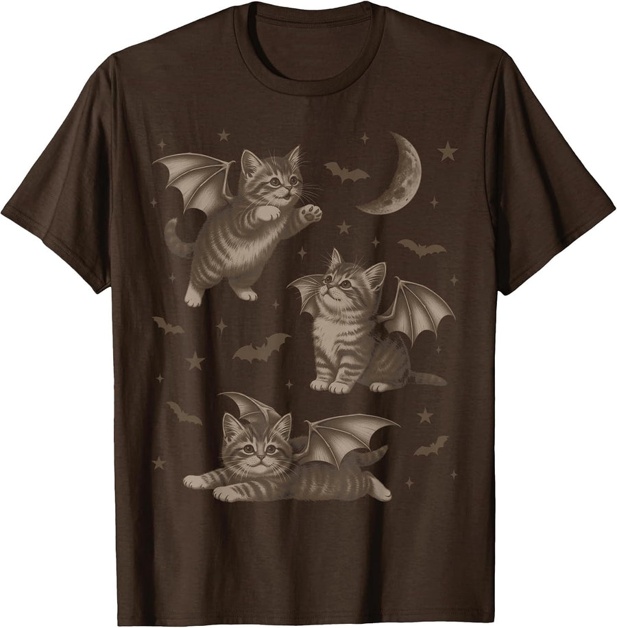 Cute Cat Bat Wings 90s Vintage Halloween Fairycore Graphic T-Shirt - Brown