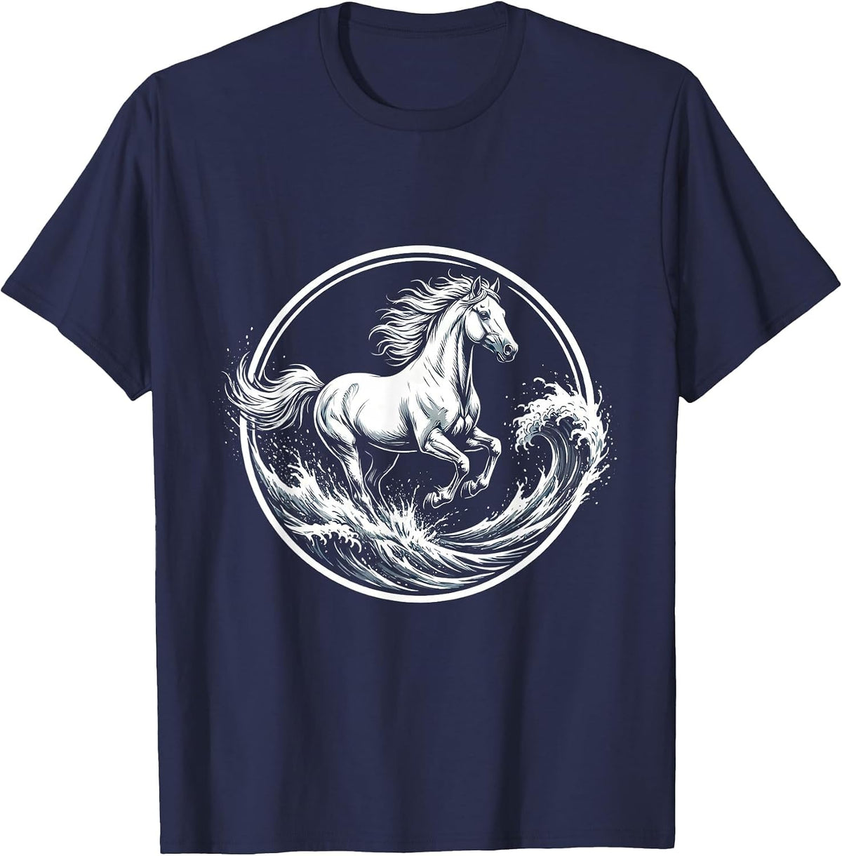 Wild Horse Galloping Through Crashing Waves T-Shirt - Navy Blue