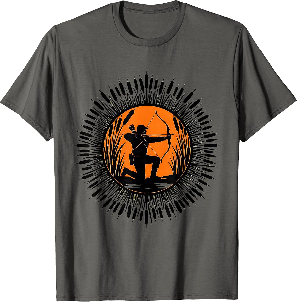 Men's Hunter Kneeling in Marsh Reeds Camouflage Design T-Shirt - Asphalt Grey