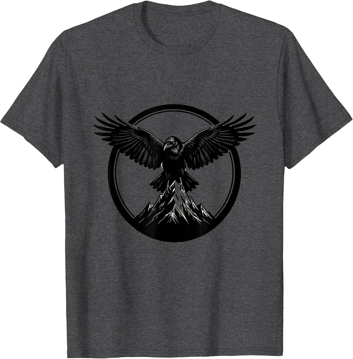 Crow With Spread Wings Over Mountain Peak T-Shirt - Dark Heather Grey