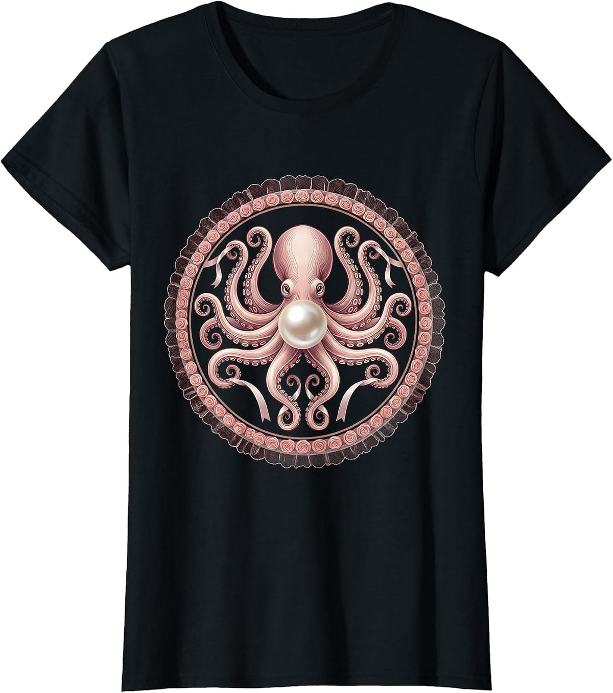 Octopus Pearl Embrace Ocean Art Design T-Shirt - Black