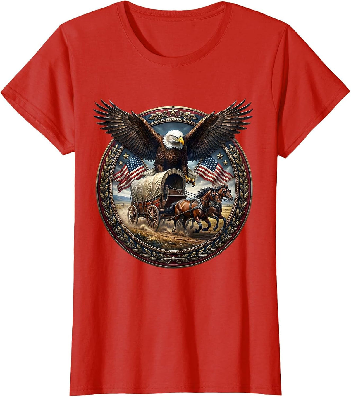 Covered Wagon Frontier Plains Patriotic Design T-Shirt - Red