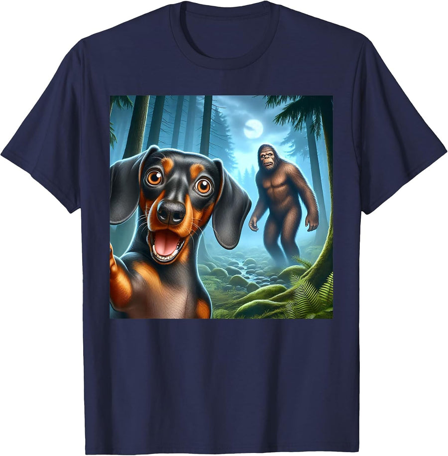 Dachshund Selfie with Bigfoot Sasquatch T-Shirt - Navy Blue