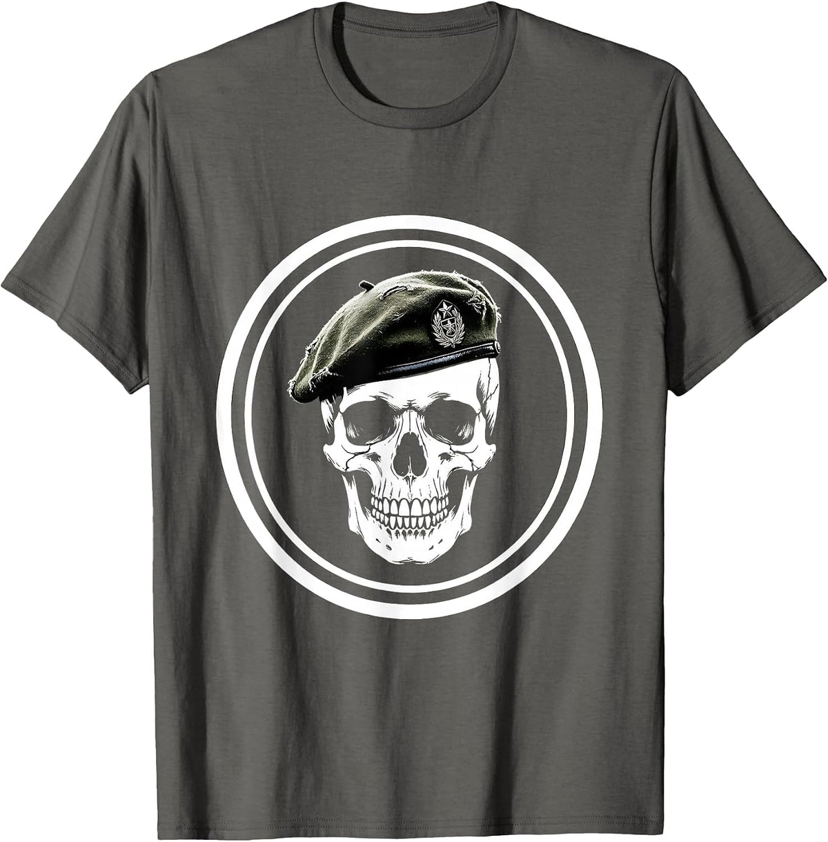 Skull Military Beret Veteran Graphic Design T-Shirt - Asphalt Grey