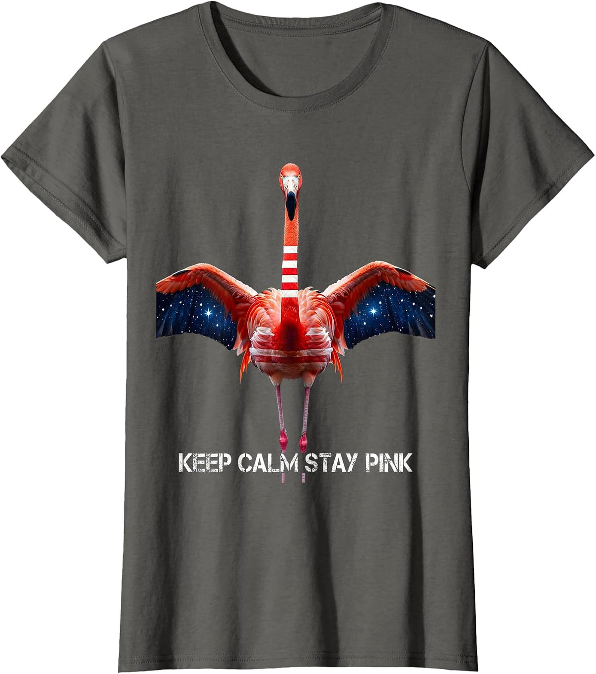 Women's Keep Calm Stay Pink Flamingo Graphic Design T-Shirt - Asphalt Grey