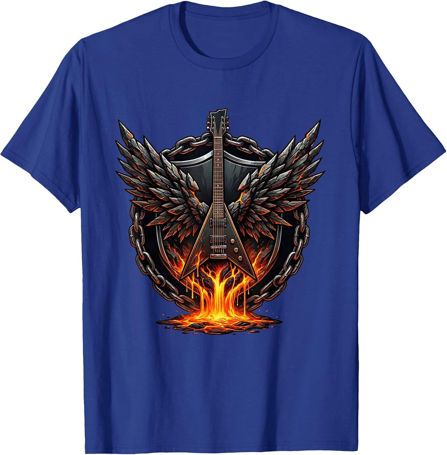 80s Rock Flying V Guitar Melting Lava Graphic T-Shirt - Royal Blue