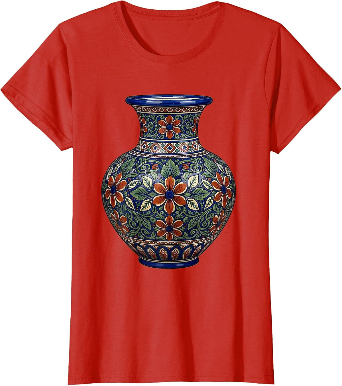 Women's Mexican Talavera Pottery Vase Floral Illustration T-Shirt - Red