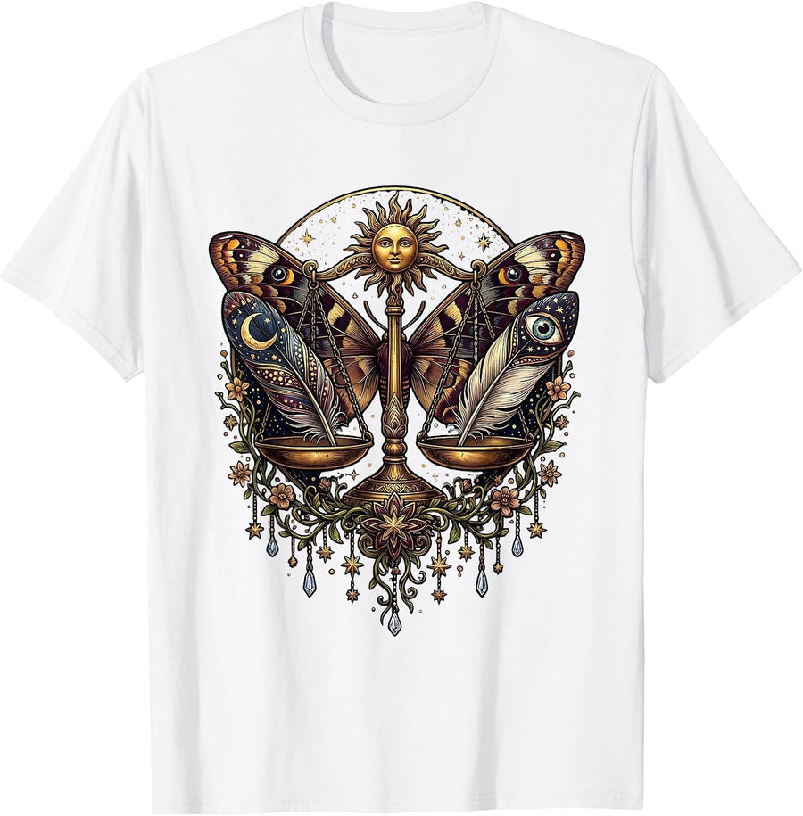 Men's Libra Feather Scale Balance Astrology Design T-Shirt - White