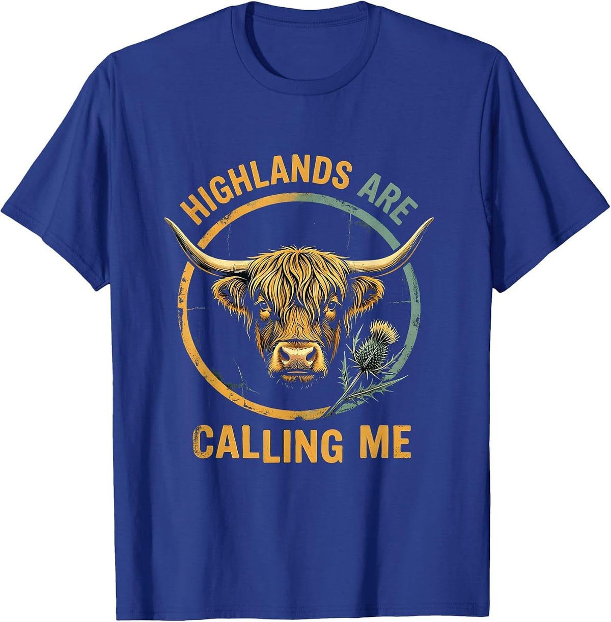 Men's Highlands Are Calling Me Highland Cow Design T-Shirt - Royal Blue